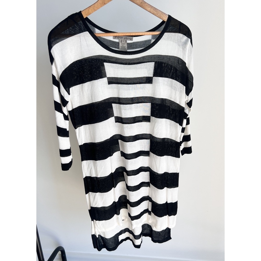 Sharon Young Black & White Striped Tunic Top Women's Sz Small Quiet Luxury Sheer